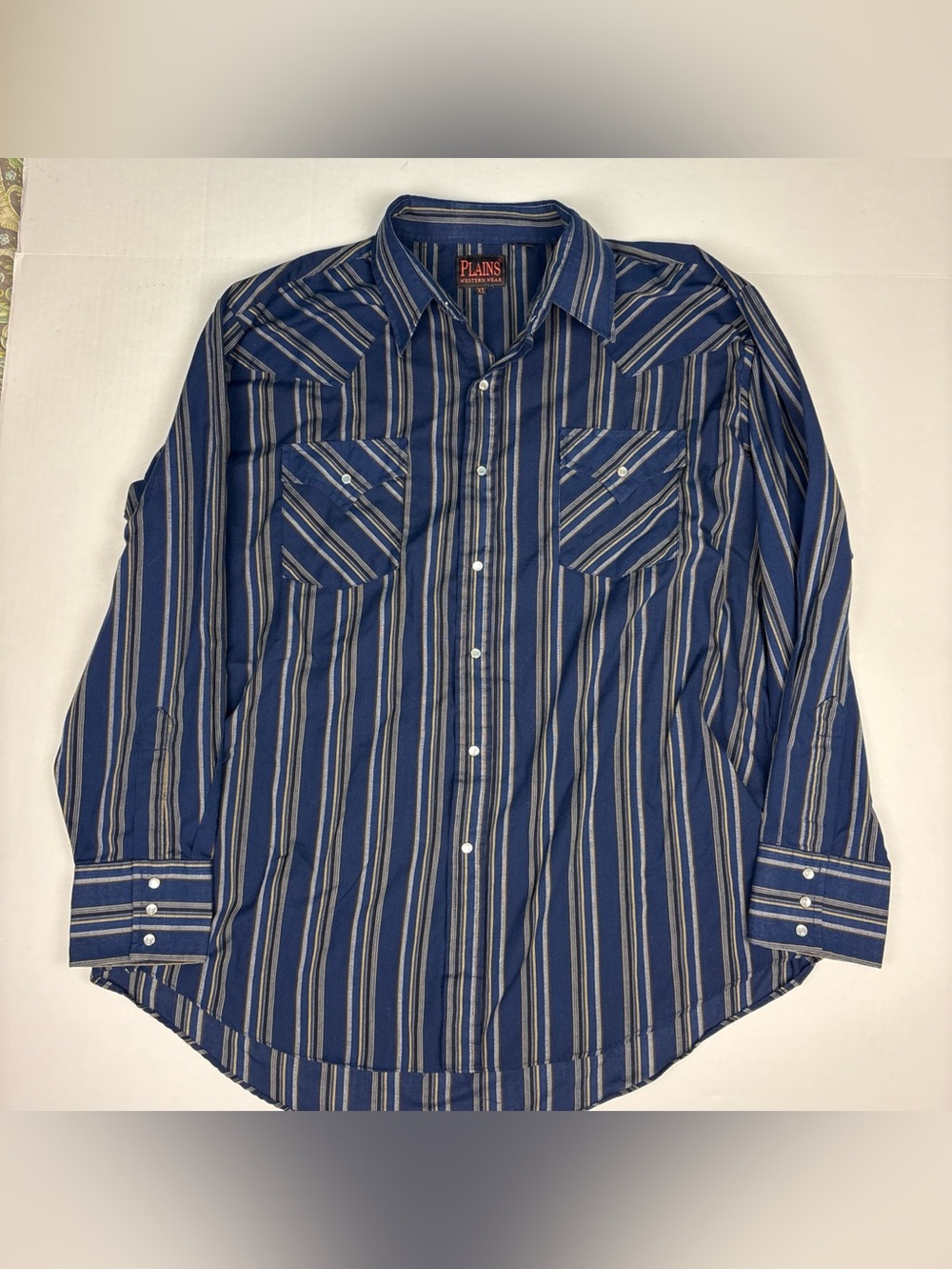 Plains Men XL Shirt Blue Tan Black Stripe Pearl Snap Long Sleeve Cowboy Western